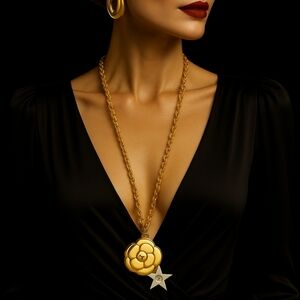 CHANEL Gold Camellia Charm With Silver Star New Authentic